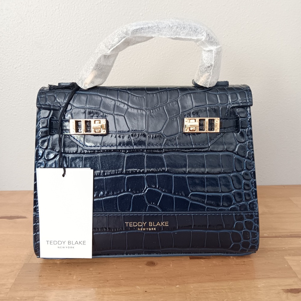 Teddy Blake Kim Croco Handbag Women 9" Blue New NWT Leather Gold Hardware Italy